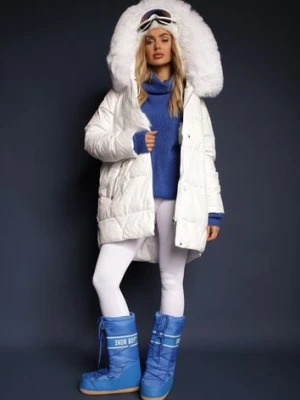 Biała Pudełkowa Kurtka Pikowana Ozdobiona Odpinanym Futerkiem i Suwakiem Hedizelle