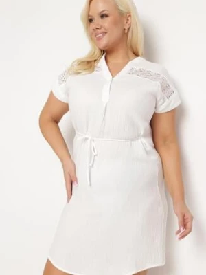 Biała Pudełkowa Sukienka Bawełniana ze Sznurkiem w Pasie Quimalia christy