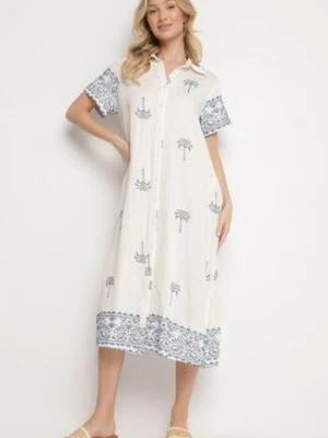 Biała Pudełkowa Sukienka z Wiskozą o Koszulowym Kroju Zdobiona Haftem Sanori rosa