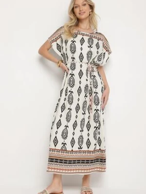 Biała Pudełkowa Sukienka z Wiskozy w Etniczny Wzór Mirosela j&x