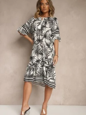 Biała Pudełkowa Sukienka Zdobiona Roślinnym Printem i Wiązaniem przy Dekolcie Miranissa j&x