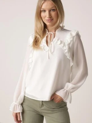 Biała Romantyczna Bluzka z Falbankami i Wiązaniem przy Dekolcie Zeaniyana bisou's project