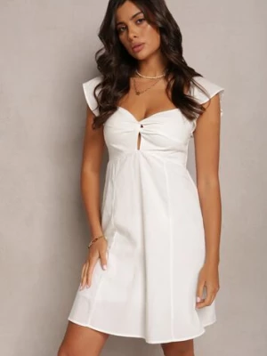 Biała Rozkloszowana Bawełniana Sukienka Mini z Krótkim Rękawem i Wycięciem pod Biustem Tremael