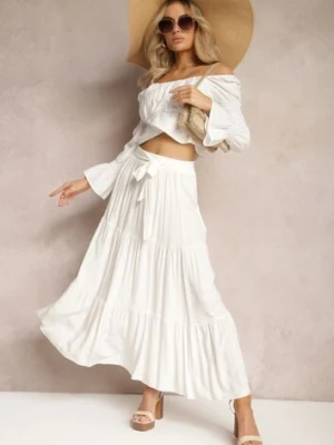 Biała Rozkloszowana Spódnica Maxi z Wiskozy z Materiałowymi Paskami Wintelis rosita
