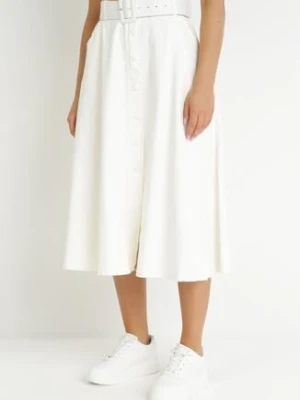 Biała Rozkloszowana Spódnica Midi z Ozdobnymi Guzikami i Materiałowym Paskiem z Bawełny Margareta elsa.m by may
