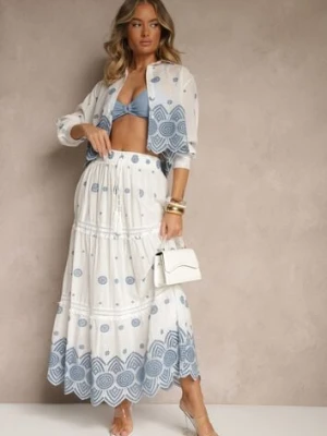 Biała Rozkloszowana Spódnica z Bawełny z Haftowanym Zdobieniem Silamea rosa