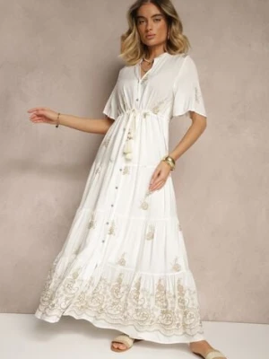 Biała Rozkloszowana Sukienka Boho z Wiskozy Zdobiona Haftem i Wiązaniem Falvania unigirl