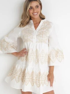 Biała Rozkloszowana Sukienka Haftowana z Luźnym Rękawem Deziree bisou's project