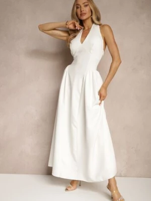 Biała Rozkloszowana Sukienka Halter z Wiązaniem i Odkrytymi Plecami Senicce allyson
