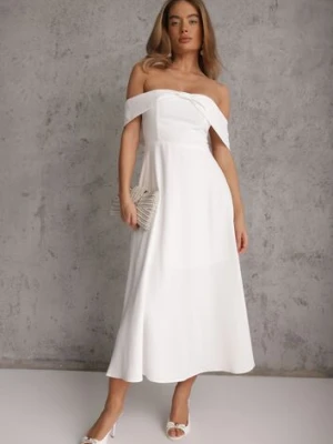 Biała Rozkloszowana Sukienka Koktajlowa VICES z Hiszpańskim Dekoltem Neamerianne