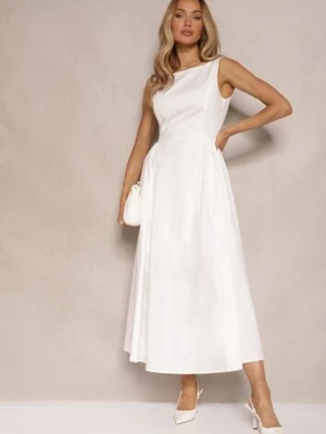 Biała Rozkloszowana Sukienka Koktajlowa z Bawełny z Dekoltem Łódką i Kieszeniami Fanilra elsa.m by may