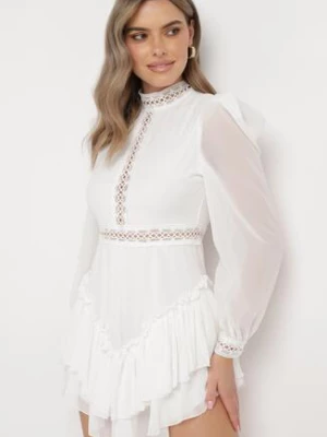 Biała Rozkloszowana Sukienka Kombinezon Mini z Falbankami Gilha