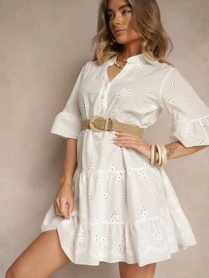 Biała Rozkloszowana Sukienka Koszulowa z Bawełny Zdobiona Haftem i Falbanami Filarosa defox