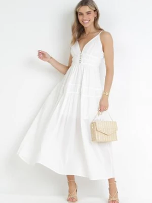 Biała Rozkloszowana Sukienka Maxi na Cienkich Ramiączkach Isarta