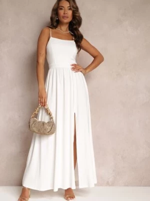 Biała Rozkloszowana Sukienka Maxi na Cienkich Ramiączkach z Rozporkiem Weslyn by swan