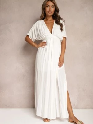 Biała Rozkloszowana Sukienka Maxi z Gumką w Talii z Lnu i Wiskozy Jackina