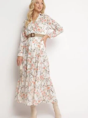 Biała Rozkloszowana Sukienka Maxi z Kołnierzykiem i Plecionym Paskiem Celline rosa