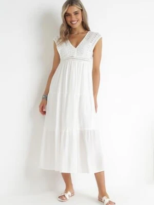 Biała Rozkloszowana Sukienka Maxi z Szydełkową Górą i Falbanką Wakima bisou's project