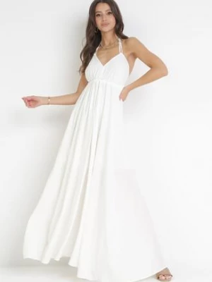 Biała Rozkloszowana Sukienka Maxi z Wiązaniem na Szyi Cathenia
