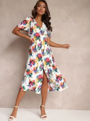 Biała Rozkloszowana Sukienka Midi z Krótkim Rękawem i Gumką w Talii Gelameda retro & icone