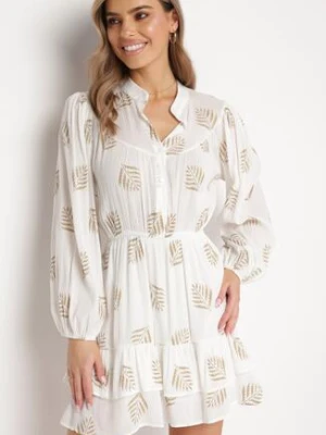 Biała Rozkloszowana Sukienka Mini z Falbanką w Liście Rianle retro & icone