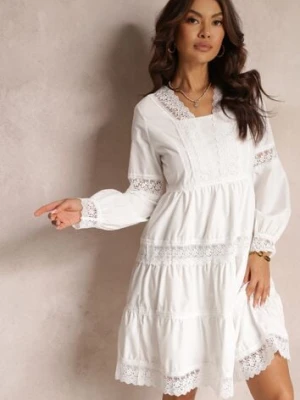 Biała Rozkloszowana Sukienka Mini z Ozdobnym Dekoltem z Koronką Eudovana elsa.m by may