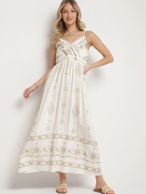 Biała Rozkloszowana Sukienka na Ramiączkach z Wiskozy Zdobiona Haftem Ulonelitia rosa