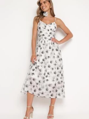 Biała Rozkloszowana Sukienka w Florystyczny Print z Chokerem Różą Jomeria