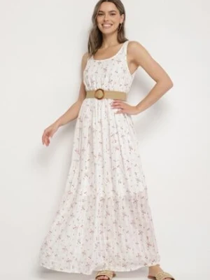 Biała Rozkloszowana Sukienka w Kwiaty Ozdobiona Plecionym Paskiem Iffalle rosa