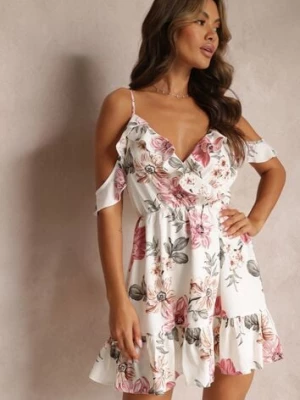 Biała Rozkloszowana Sukienka w Kwiaty z Falbanami Nonare vices