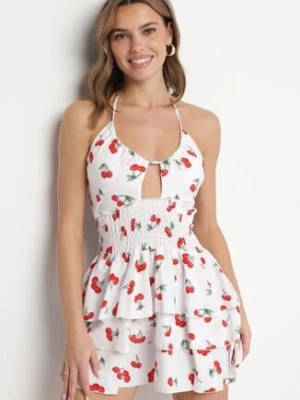 Biała Rozkloszowana Sukienka w Wisienki z Falbankami i Dekoltem Halter Lanideia defox