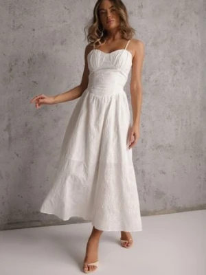 Biała Rozkloszowana Sukienka z Bawełny na Ramiączka Zdobiona Haftem Adozaphaura