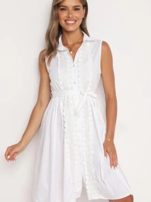 Biała Rozkloszowana Sukienka z Bawełny o Koszulowym Kroju Wiązana w Pasie Calelia allyson