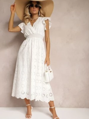 Biała Rozkloszowana Sukienka z Bawełny Ozdobiona Ażurowym Wzorem i Gumką w Talii Elafrea