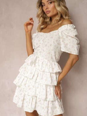 Biała Rozkloszowana Sukienka z Bawełny z Gumką w Talii w Drobne Kwiaty Timariah retro & icone