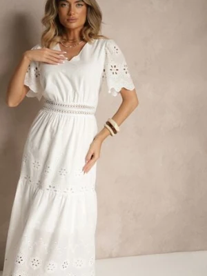 Biała Rozkloszowana Sukienka z Bawełny z Haftowanymi Zdobieniami w Stylu Boho Efrivina j&x