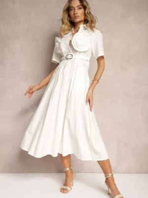 Biała Rozkloszowana Sukienka z Bawełny z Kwiatami na Rękawach i Paskiem w Talii Andronea elsa.m by may