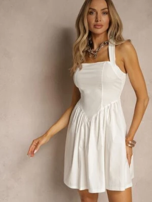 Biała Rozkloszowana Sukienka z Bawełny z Paskiem Wokół Szyi Kolanora new collection