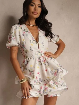 Biała Rozkloszowana Sukienka z Bawełny Zdobiona Falbanami i Kwiatowym Wzorem Sarolisse allyson