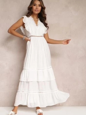 Biała Rozkloszowana Sukienka z Falbankami i Koronką Apoline