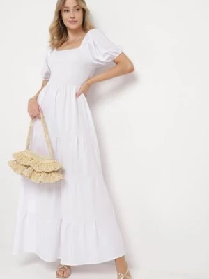 Biała Rozkloszowana Sukienka z Gumką w Talii i Bufiastymi Rękawami Evulla