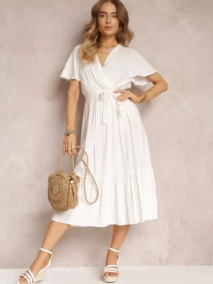 Biała Rozkloszowana Sukienka z Kopertowym Dekoltem i Wiązanym Paskiem Elanor h&s