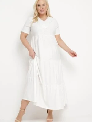 Biała Rozkloszowana Sukienka z Krótkim Rękawem i Ozdobnymi Haftami Guletta j&x