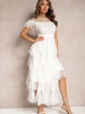Biała Rozkloszowana Sukienka z Transparentnymi Wstawkami z Koronki Saela elsa.m by may