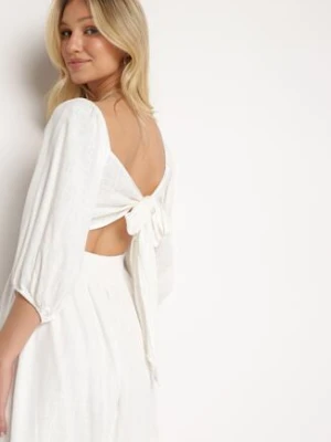 Biała Rozkloszowana Sukienka z Wiskozą i Lnem z Gumką w Talii Falbanką i Podszewką Vilemia bisou's project