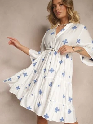 Biała Rozkloszowana Sukienka z Wiskozą Zdobiona Haftem Aravella rosa