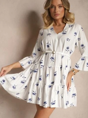 Biała Rozkloszowana Sukienka z Wiskozą Zdobiona Haftem i Falbanami Aliorra rosa