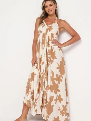 Biała Rozkloszowana Sukienka z Wiskozy na Ramiączkach w Kwiaty Nansora cflo