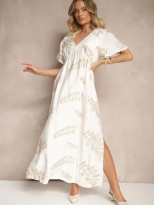 Biała Rozkloszowana Sukienka z Wiskozy Ozdobiona Haftowanymi Liśćmi Tirvesa maja studio