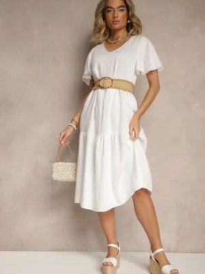 Biała Rozkloszowana Sukienka z Wiskozy z Dekoltem w Serek Natasella cflo